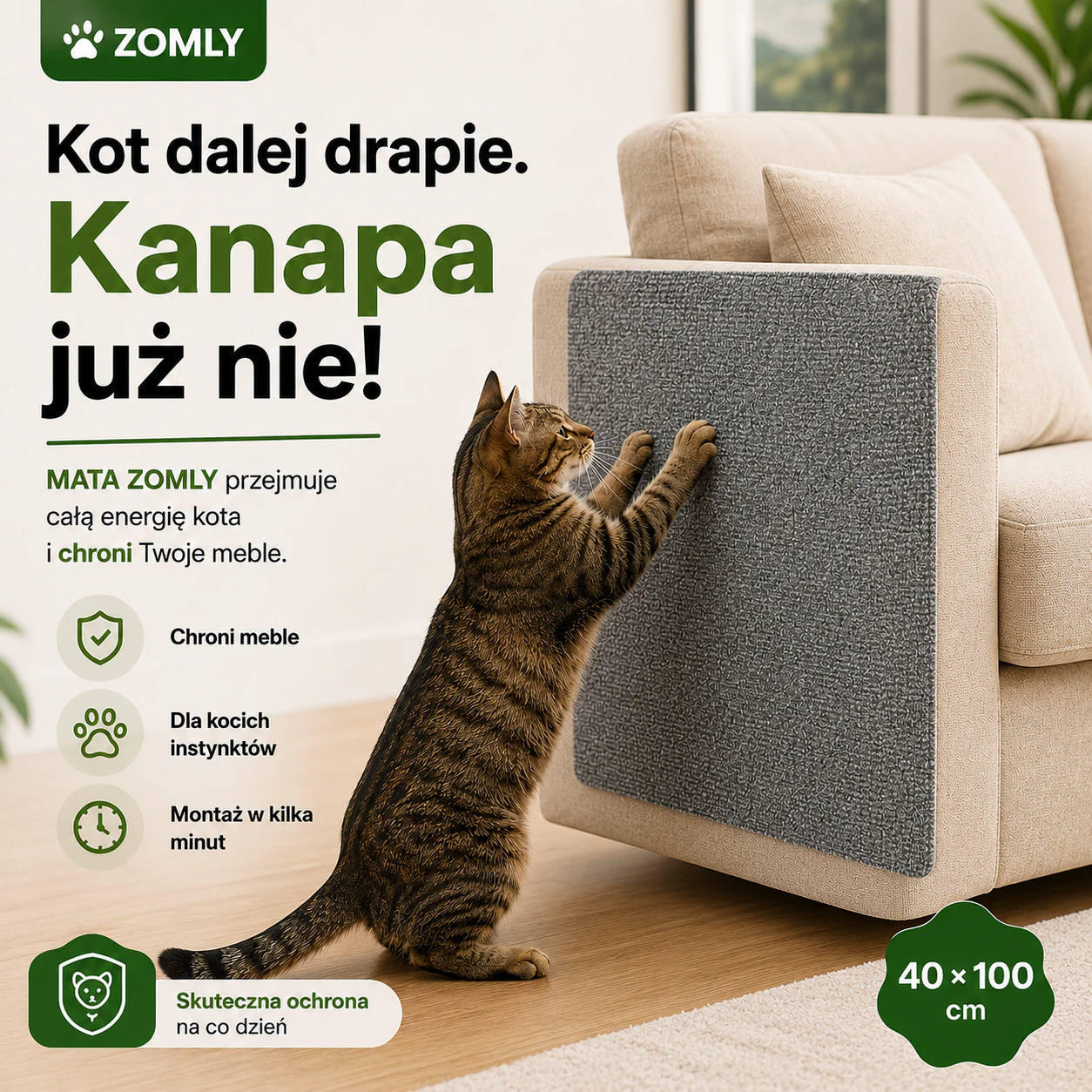 MATA ZOMLY - Samoprzylepna Mata Ochronna do Drapania dla Kotów 40 × 100 cm 1